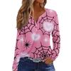 Women's Casual Long Sleeve Halloween Print V-Neck T-Shirt with Decorative Buttons