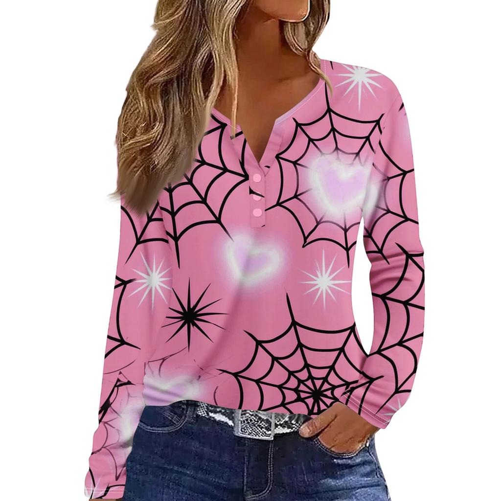 Women's Casual Long Sleeve Halloween Print V-Neck T-Shirt with Decorative Buttons