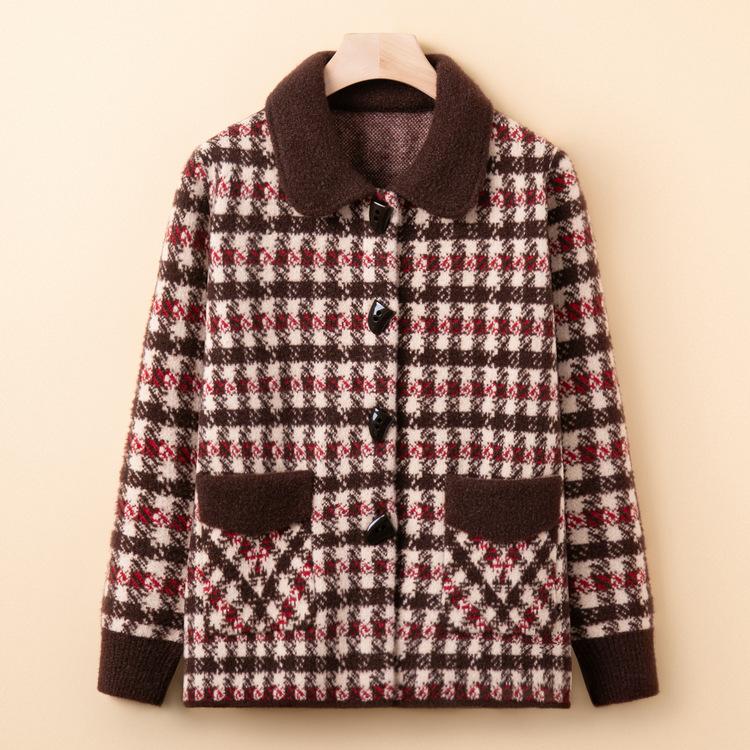 New Style Mother Sweater Jacket Middle-aged and Elderly Sweater Top Spring and Autumn Plaid Cardigan Lapel for Women