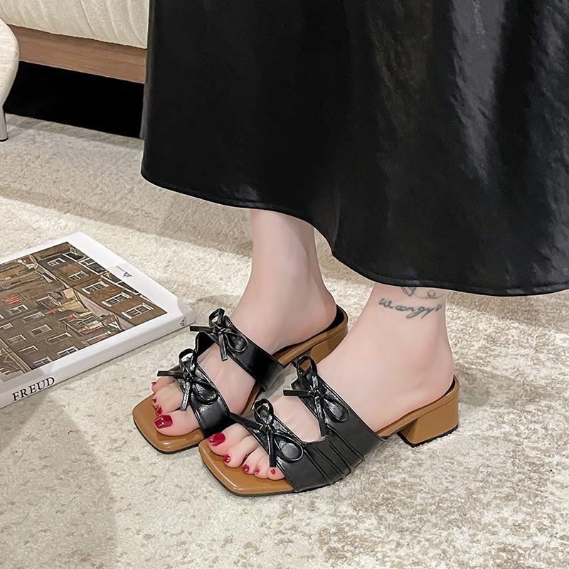 Square Head Bow with Skirt Thick Heel Cool Slippers Women's New Summer Wear Fashion One-word Drag