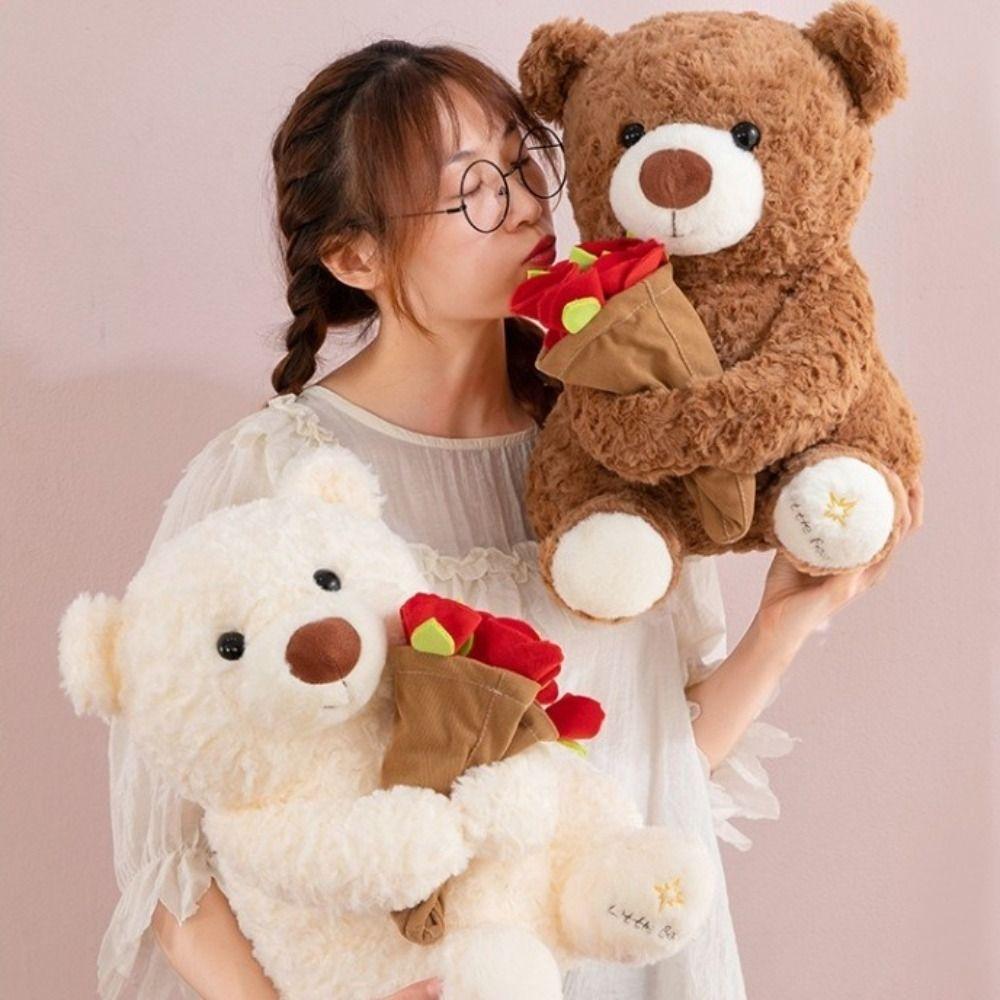 Romantic Holding Flowers Bear Doll Detachable Bear Wear Rose Hat Bouquet Bear Doll Birthday