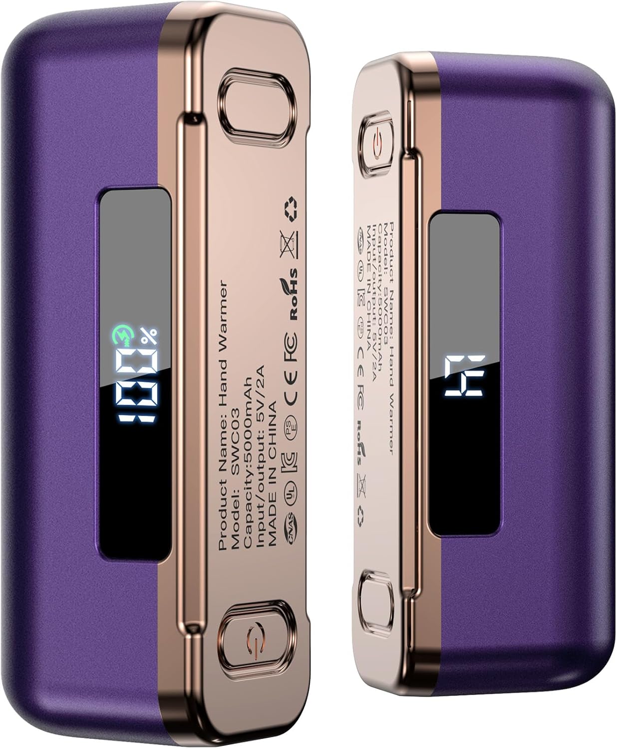 

Rechargeable Hand Warmers 2 Pack, Magnetic Electric with LED, 4 Heat Levels up to 131°F, Portable Pocket Heater for Men & Women фиолетовый