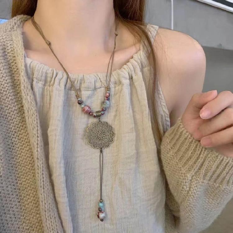 Fashion Ceramics Beads Pendant Necklace Ethnic Long Chain Jewelry Gift for Women