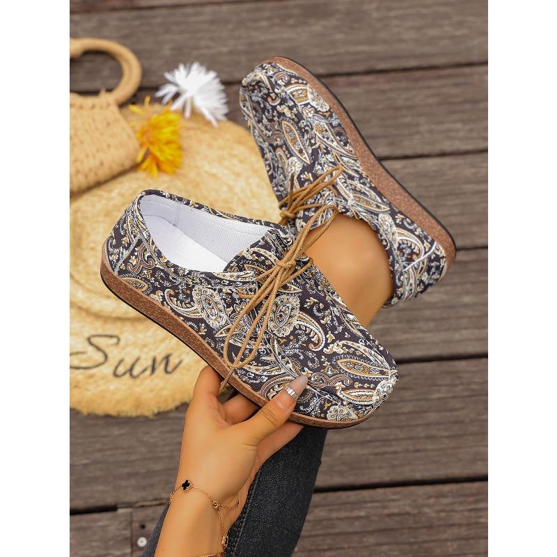 Printed Ethnic Style Lace-up Casual Shoes 2025 Autumn New Plus-size Flat Low-top Shoes for Women