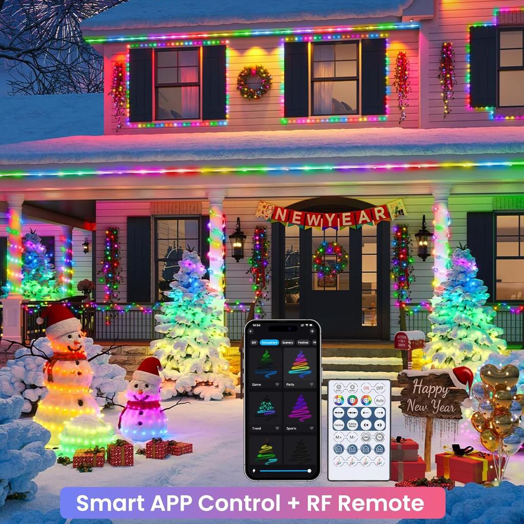 RGB Color Changing Rope Lights Outdoor, 33ft 100LED Smart Christmas Lights Remote & APP Control, Waterproof Music Sync Indoor String Lights - DIY