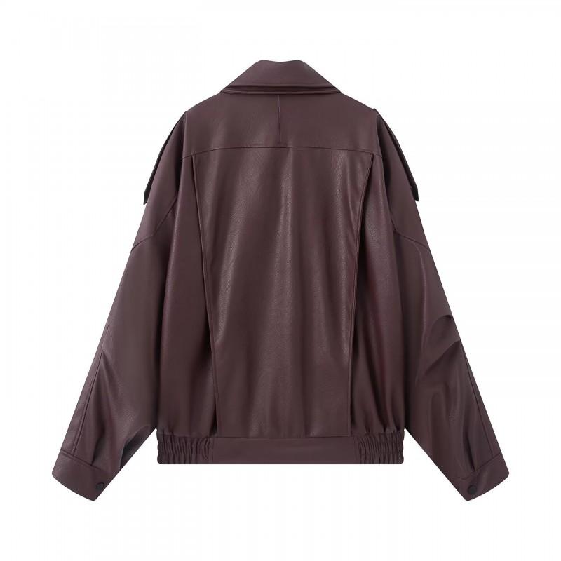 Womens Oversized Vintage Streetwear Leather Jacket Black Purple Loose Fit Zipper Front Mid-Length Fall 2025