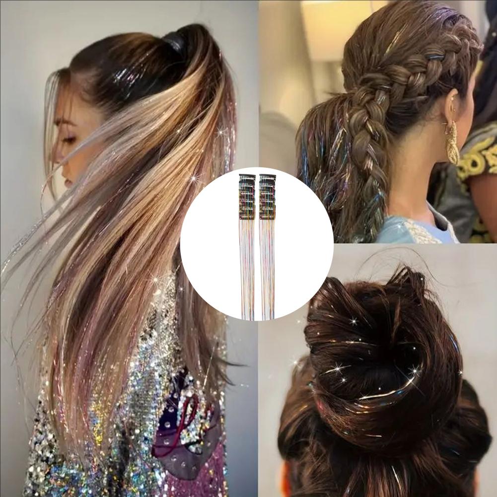 12Pcs Hair Tinsel Clip In 19.7" Glitter Tinsel Hair Extensions Synthetic Clip In Sparkle Hair Accessories For Kids Girls Women