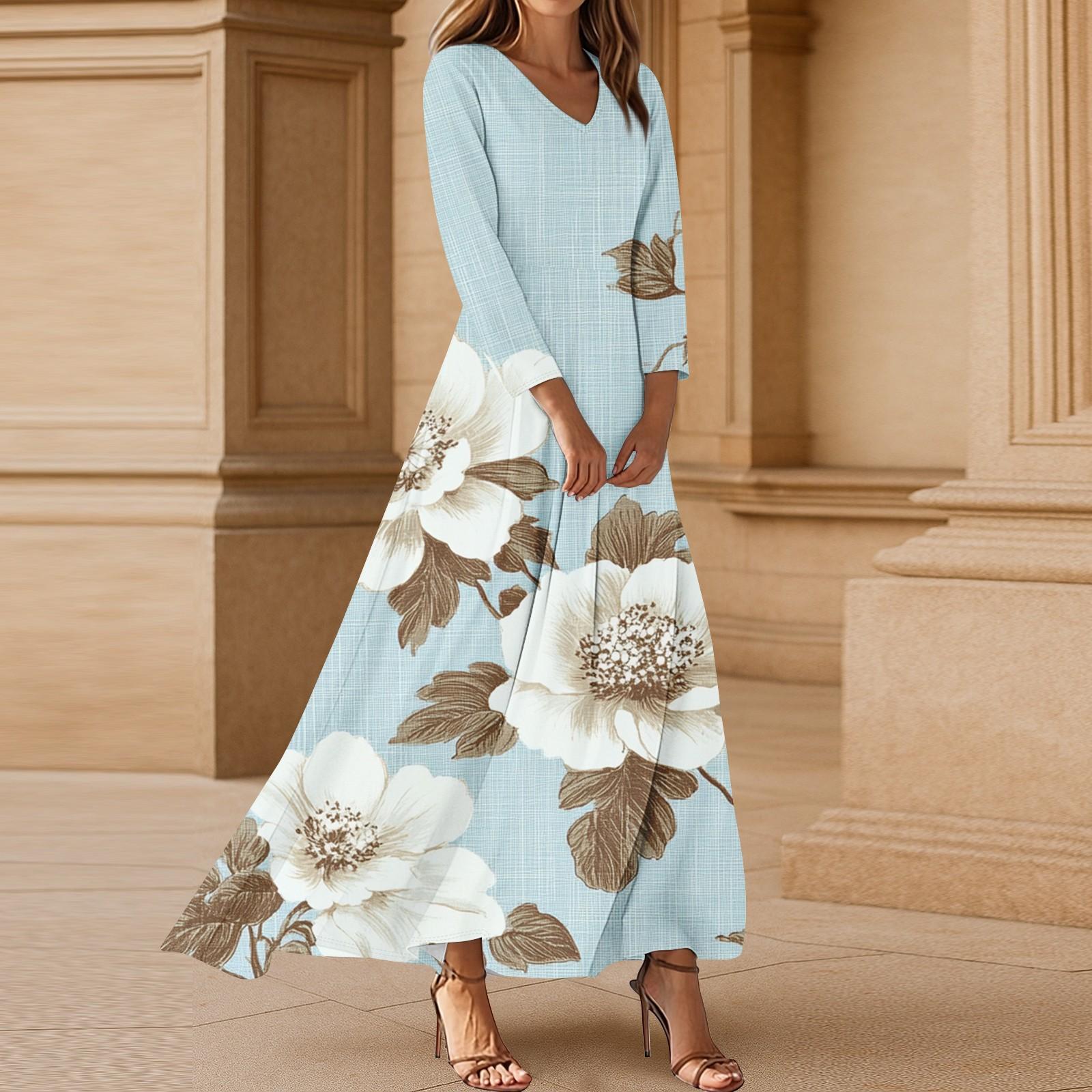 

Женское повседневное платье макси А-силуэта с V-образным вырезом и рукавом 3/4 с цветочным принтом для пляжа L циан