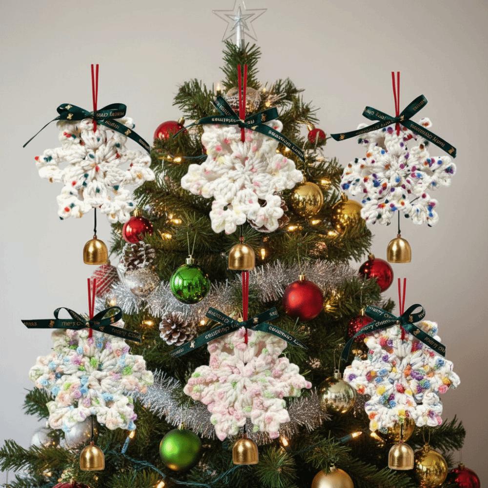Hand-knitted Christmas Bell Pendant 16cm Crisp Sound Woven Xmas Tree Pendant Ribbon Bow Creative Handmade Snowflake Charm