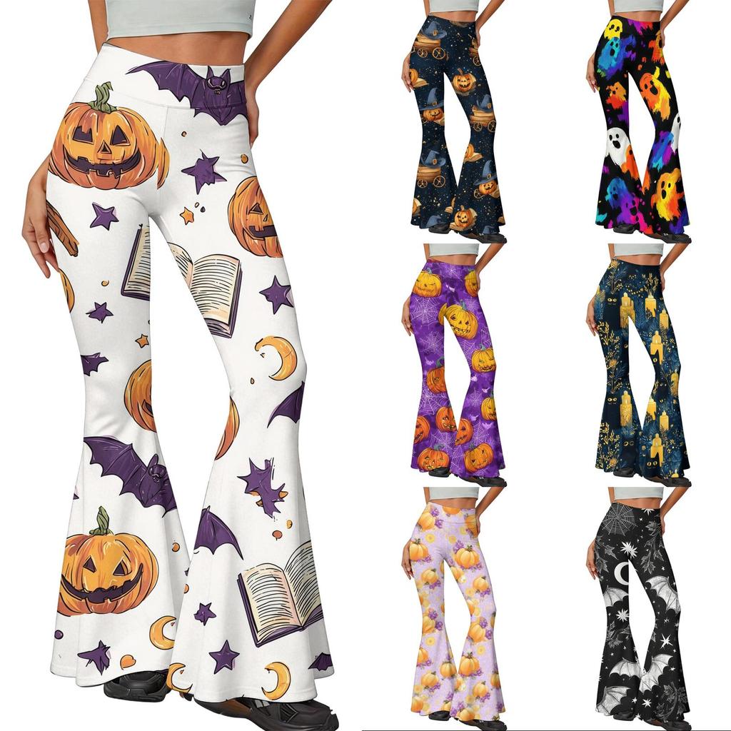 Women's Casual Halloween Print Flared Yoga Pants High Waist Stretchy Bootcut Leggings for Everyday Wear