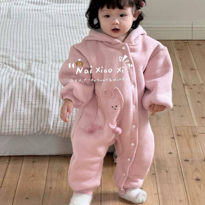 

2025 Winter Korean Style Fleece-Lined Pink Cute Bunny One-Piece Romper, Super Adorable Long-Sleeve Outdoor Clothing for Baby Girls 8828/Pink Hooded Fleece Jacket 80