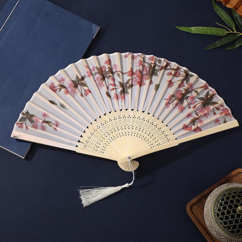 Tragbarer Handfächer Neuer Chinesischer Stil Tanzrequisiten Retro Muschelfächer Frau Männer Bambus Holz Seidenblume Faltfächer