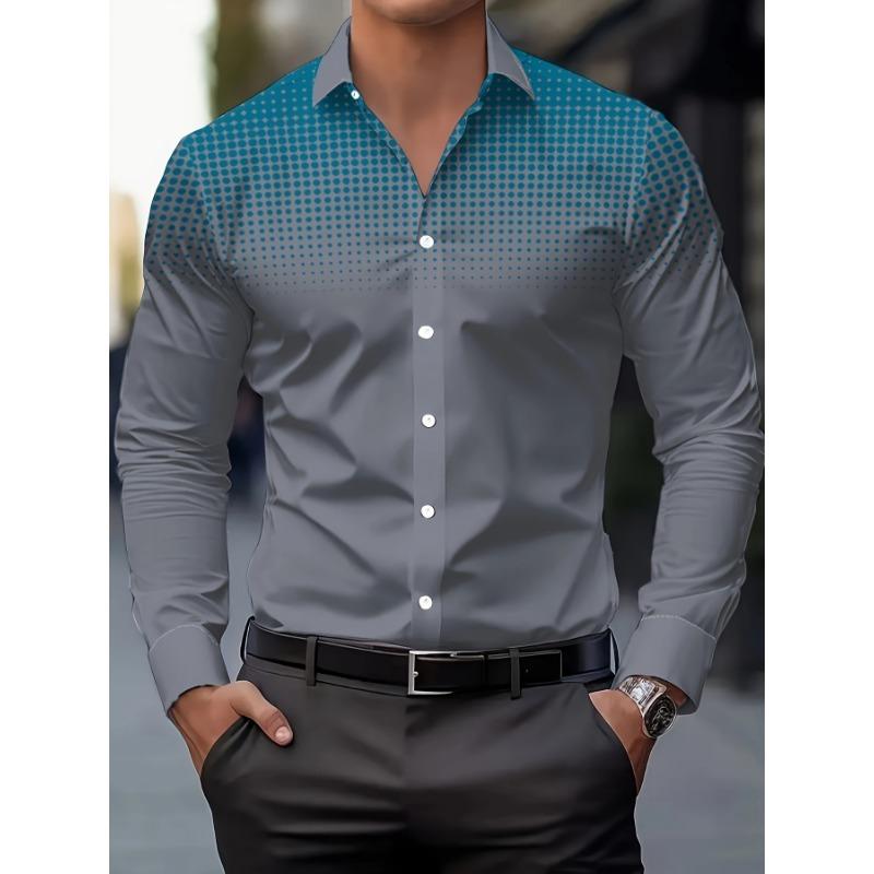 Herren Freizeit Langarm Hemd mit Knöpfen - Farbverlauf Blau zu Grau Print, Polyester, Maschinenwaschbar, Klassischer Kragen, Bequeme Passform