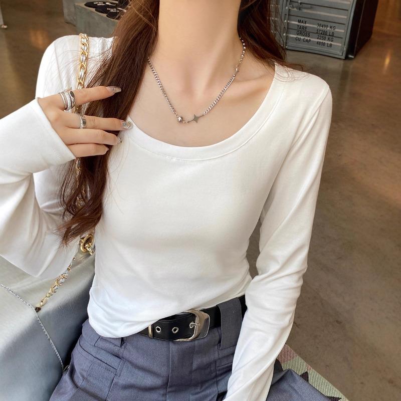 White knitted bottoming shirt women's new autumn and winter round neck inner long-sleeved slim-fitting low-necked Spice Girl top