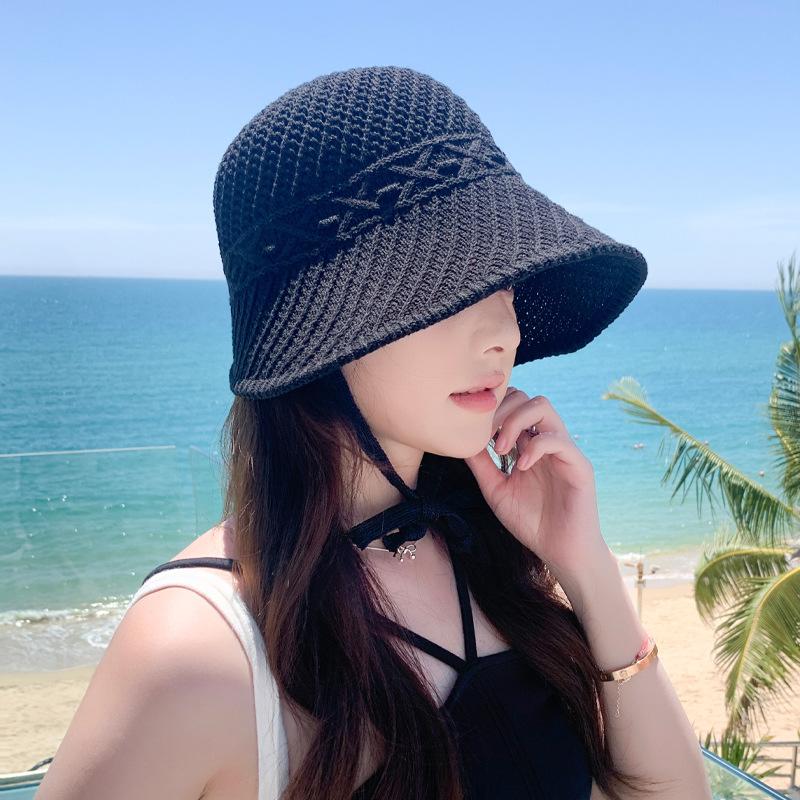 Versatile Tether Straw Hat Summer Sun Protection Hat Women's Outdoor Seaside Vacation Beach Hat Knitted Hollow Sun Hat Tide