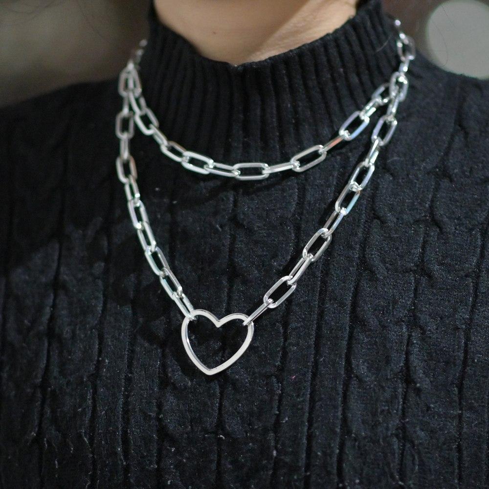 Fashion Double Layer Love Chain Necklace Women Punk Link Chain Pendant Necklace