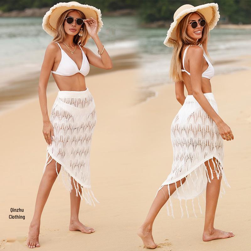 

2024 New Beach Tassel Bikini Cover-Up Skirt with Sun Protection and Sexy Hollow Design M білий