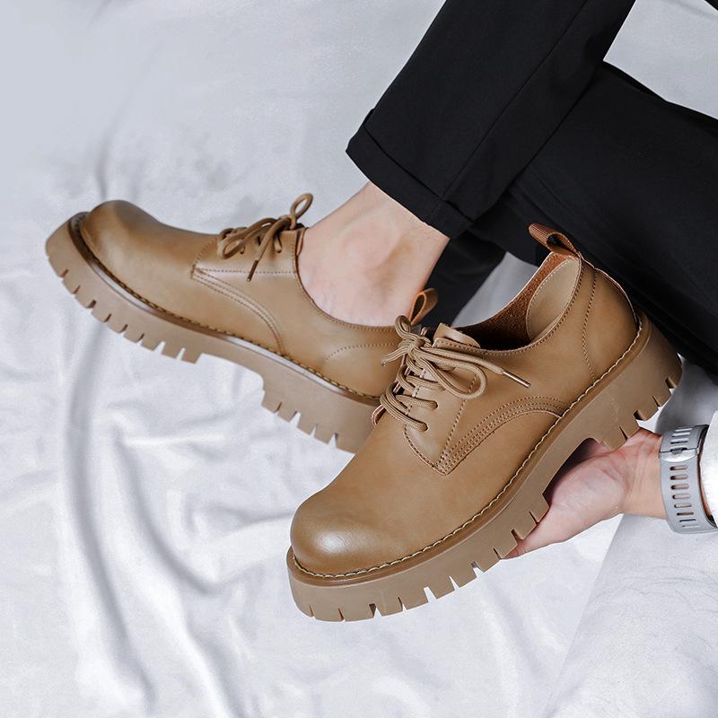 Men'S Leather Shoes British Suit Platform Casual Shoes Dress Business Black Height Increasing Low Top Martin Boots 25820-F