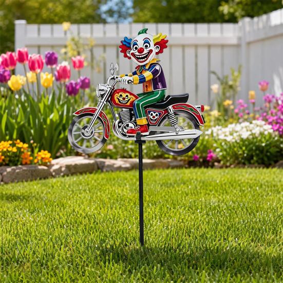 Spinning Clown Motorcycle Wind Spinner, Rotating Wheels Metal Kinetic Yard Art with Stake, Weatherproof Windmill Sculpture for Outdoor Lawn Patio