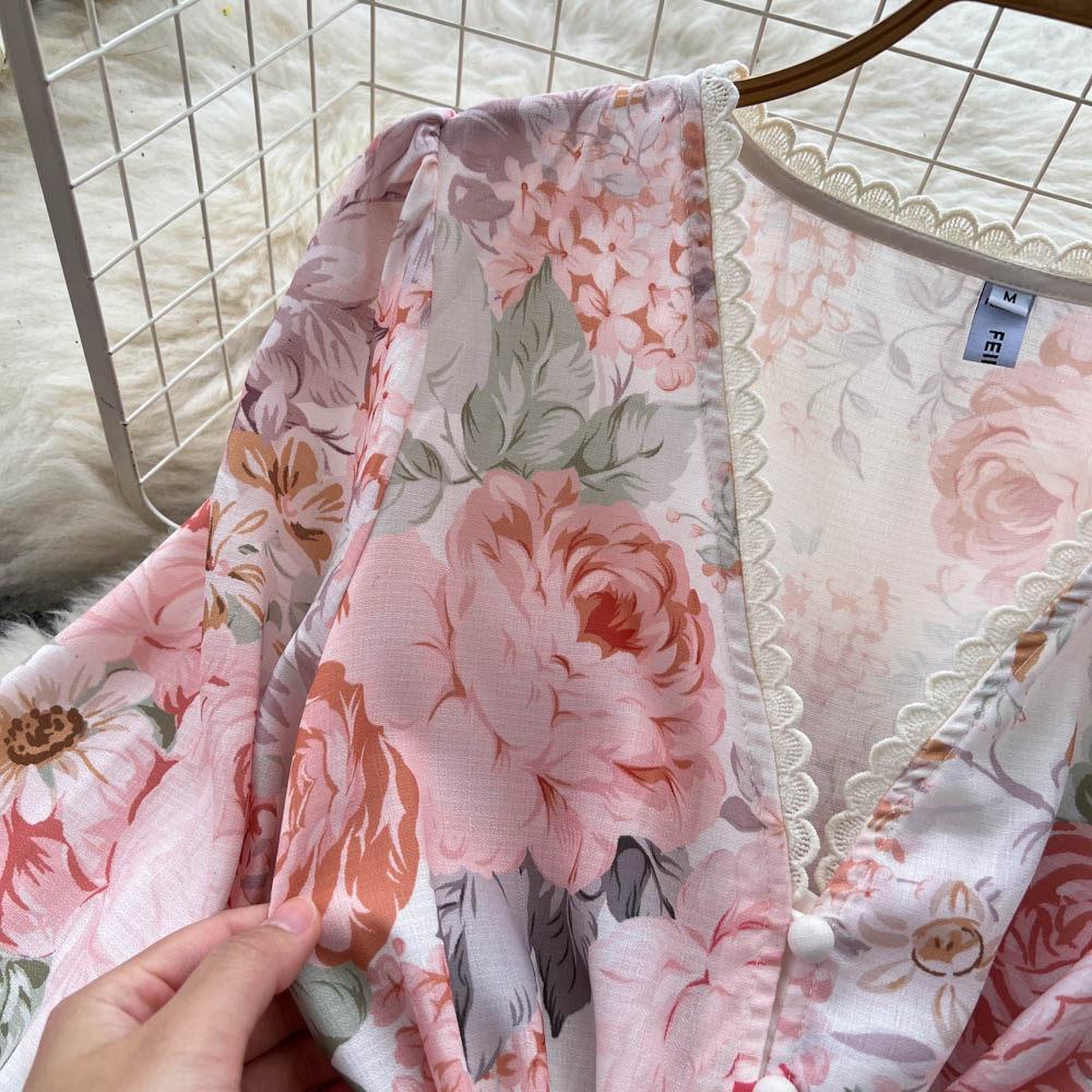 Spring Bohemian Floral Maxi Dresses for Women Runway Cross V-Neck Long Lantern Sleeve Sashes Beach Holiday Dress Boho Robes