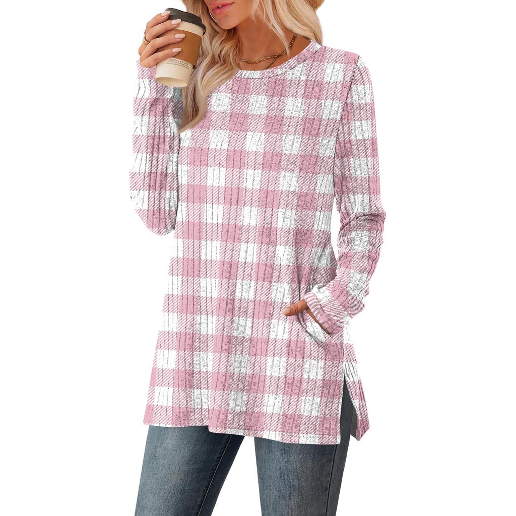 Women's Checkered Printed Round-neck Long-sleeved Top With Pockets And Side Slits