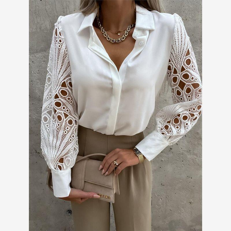 Women Black White Hollow Out Shirts Pure Color Lace Patchwork Shirt Shirt
