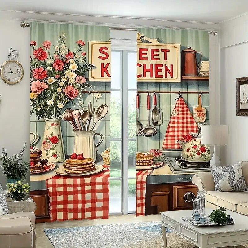Farmhouse Retro Kitchen Patterned Printed Curtains Window Decorations Home Room Curtain For Cooking Area Made Of Polyester