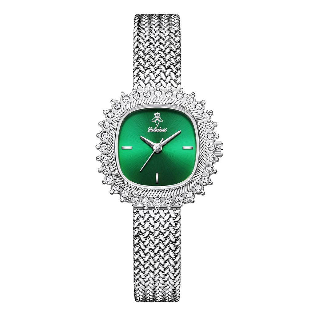 YaLaLuSi Brand Women's Luxury Gold Rhinestone Watch Green Dial Niche Design Quartz Watch Stylish Woven Metal Strap Gift Box Set