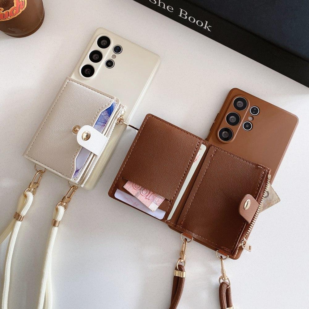 Card Holder Wallet Phone Case for Samsung Galaxy S25 S24 S23 Plus S22 Ultra S21 S20 FE Lanyard Strap Cord Crossbody Bag Cover