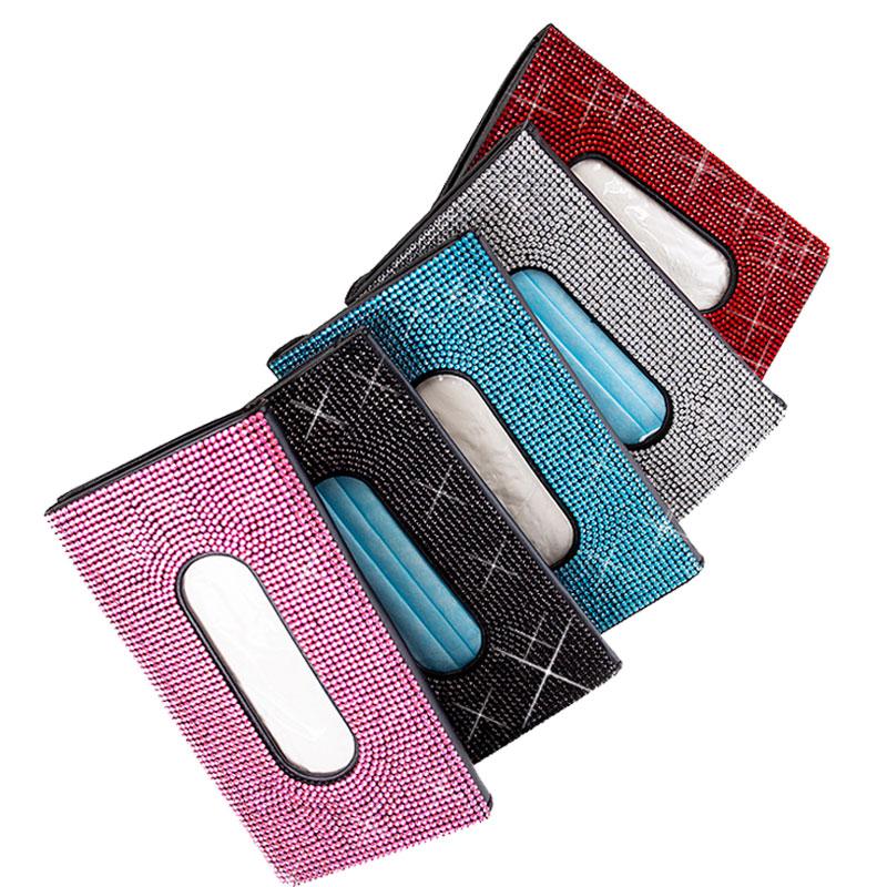 Bling Rhinestone PU Leather Car Sun Visor Tissue Box Holder Case Clip Backseat Tissue Case Auto Interior Accessories for Women