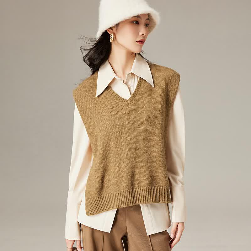 Wudao Women's V-Neck Solid Knit Layering Vest
