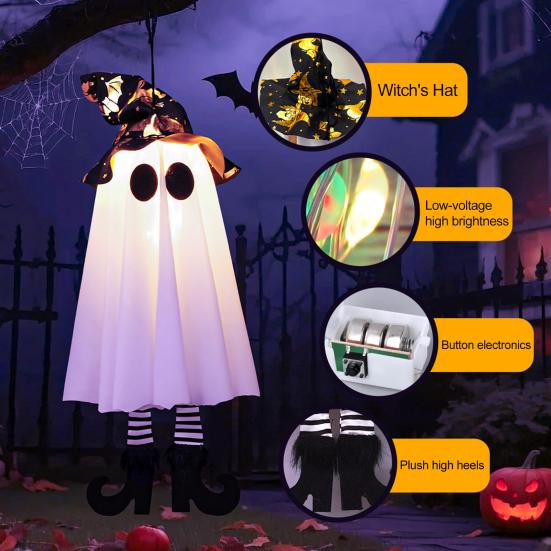 Halloween Hanging Ghosts with Witch Hat Glowing Ghost Witch Hat Lights Creepy Garden Yard Party Decorations