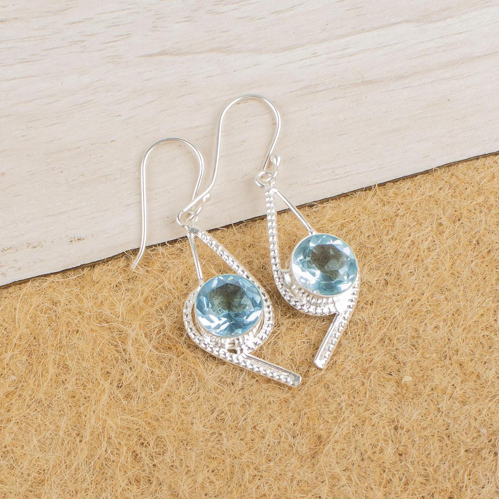 Himmelblauer Topas Edelstein Schmuck, 925 Sterlingsilber Ohrringe, Handgefertigte Attraktive Topas Silber Ohrringe Für Hochzeitsgeschenk