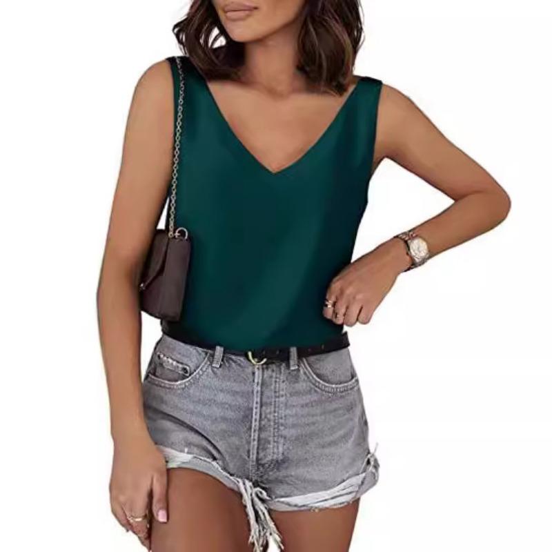 Womens Silk Satin Tank Tops V Neck Casual Cami Sleeveless Camisole Blouses Summer Basic Tank Shirt