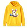 Cute Cartoon White Bunny Working on Laptop Print Kids Hoodie, Unisex Boys Girls Casual Soft Pullover Sweatshirt for Daily School Home Wear