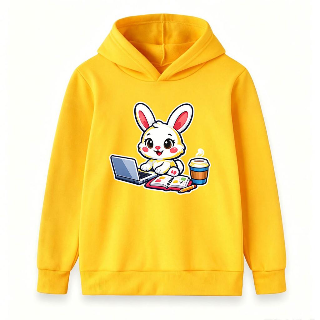 Cute Cartoon White Bunny Working on Laptop Print Kids Hoodie, Unisex Boys Girls Casual Soft Pullover Sweatshirt for Daily School Home Wear