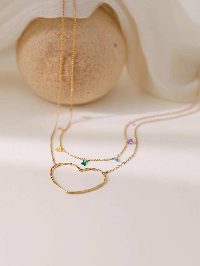 1 Pieces Hundred Personalised Fashion Stainless Steel Inlaid Colourful Zirconia Exaggerated Heart Necklace