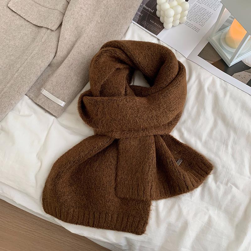 Korean Version Containing Wool Knitted Wool Solid Color Scarf for Women in Winter Thickened and Warm Versatile High End Cold Proof Scarf Trendy