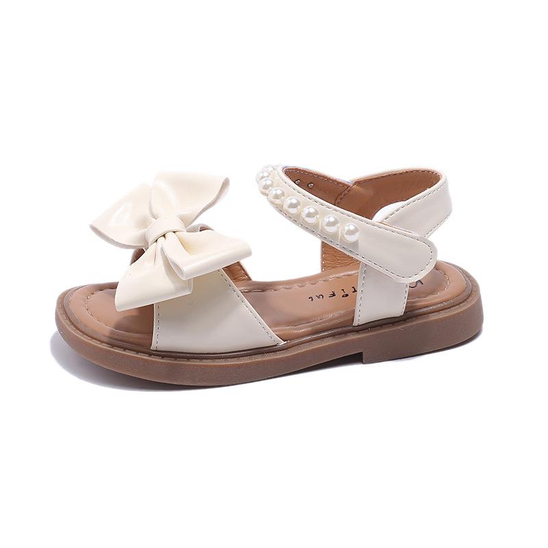 Girls Sandals Cute Bow Pearl Baby Girl Shoes Soft Flat Heels Princess Shoes Fashion Kids Beach Sandals Beige Yellow Black H02254