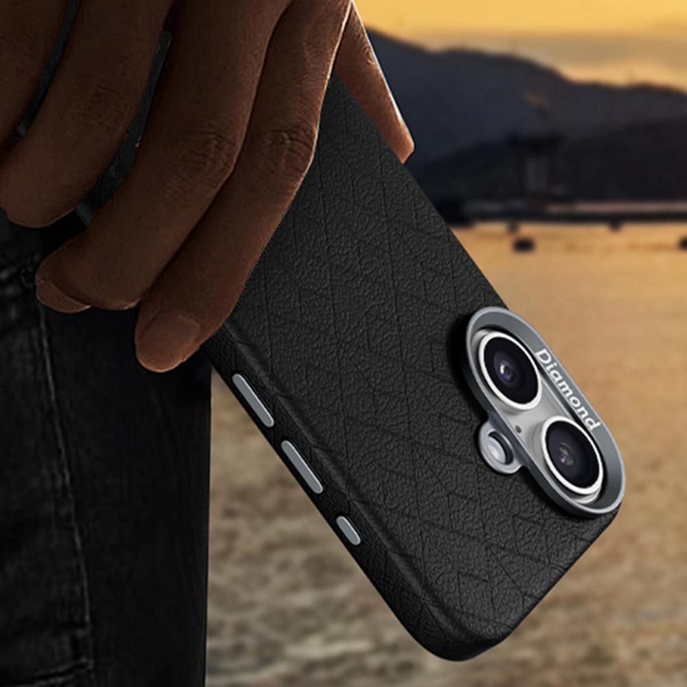 For iPhone 16 Plus Case Compatible with MagSafe Metal Lens Frame Y Pattern PC+PU Phone Cover