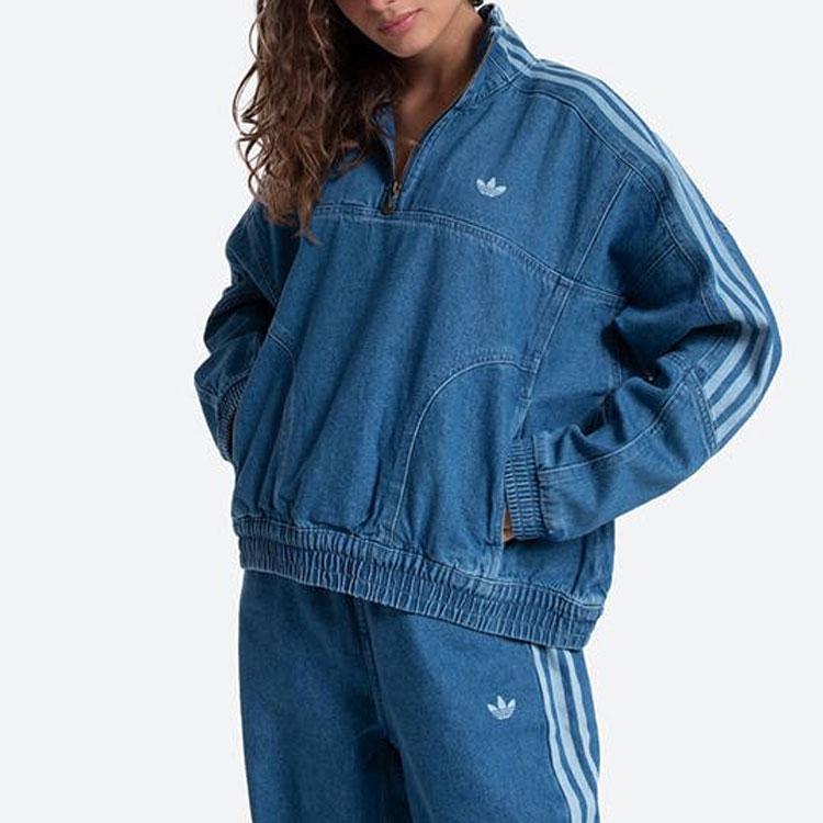 Women's Adidas Originals Denim Jackets Women's Blue Stand Collar Moderate Straight Fit