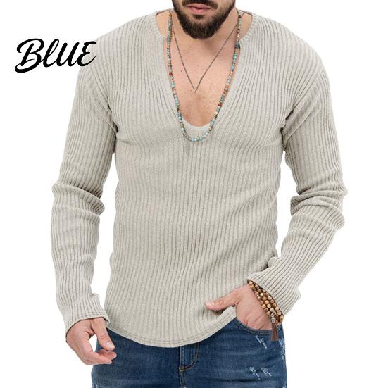 Men Knitted Cotton Sleeves Solid V Neck Knit Deep Blend Sweater Ribbed Long Color Slim