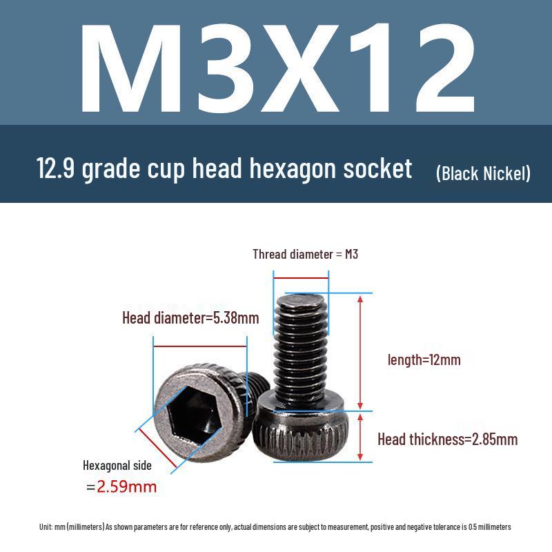 Yigu High-Strength Black Nickel Hex Socket Screw, M1.6-M4, Knurled Cup Head Bolt, 12.9 Grade.