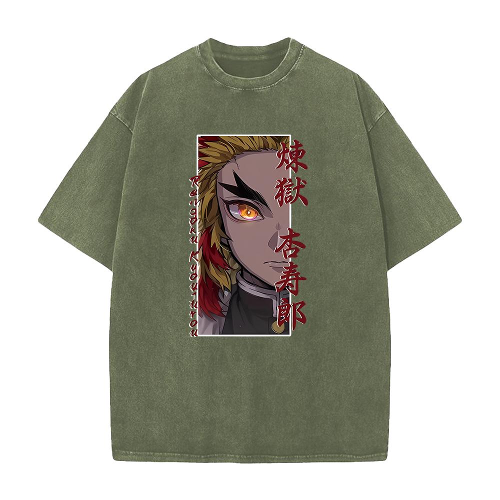 Harajuku Anime Demon Slayer Rengoku Kyoujurou Print Washed T Shirt Men Vintage Casual T-shirts Hip Hop Male Cotton Tshirt
