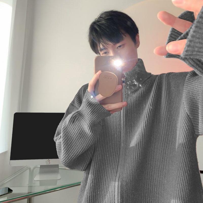 Zipper Stand Collar Cardigan Sweater Men In Autumn Winter Lazy Style Knitted Thickened Jacket