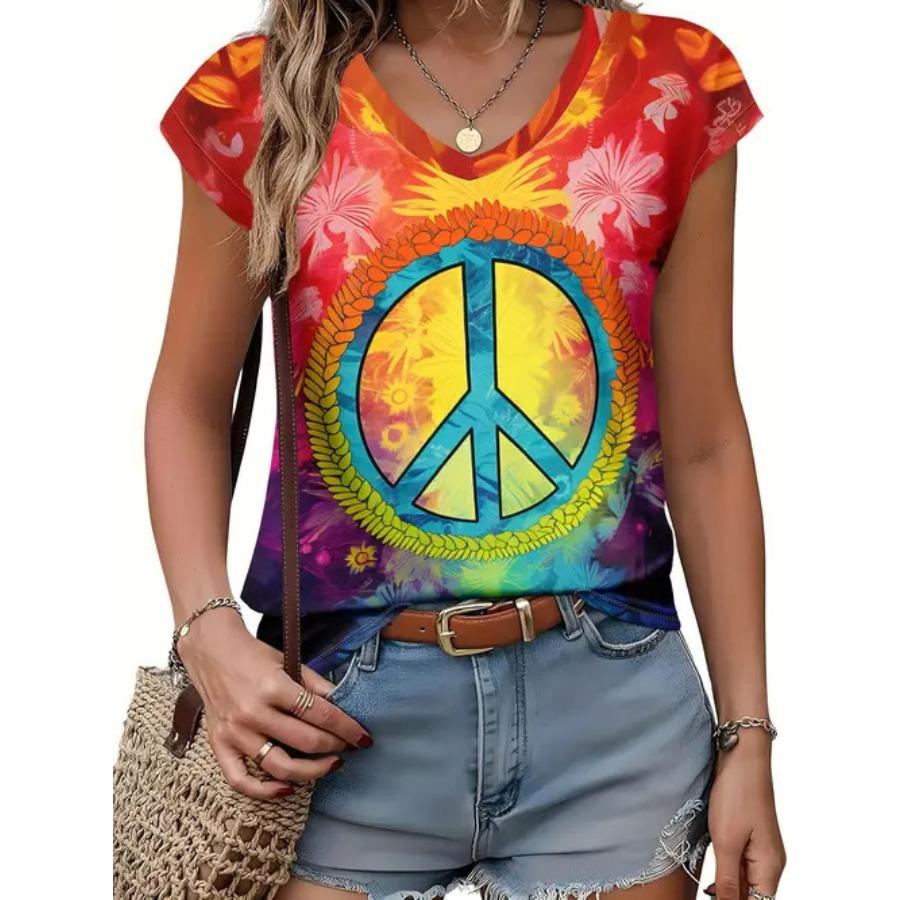 Camiseta vintage para mujer con estampado floral, manga corta, cuello en V, tops cómodos