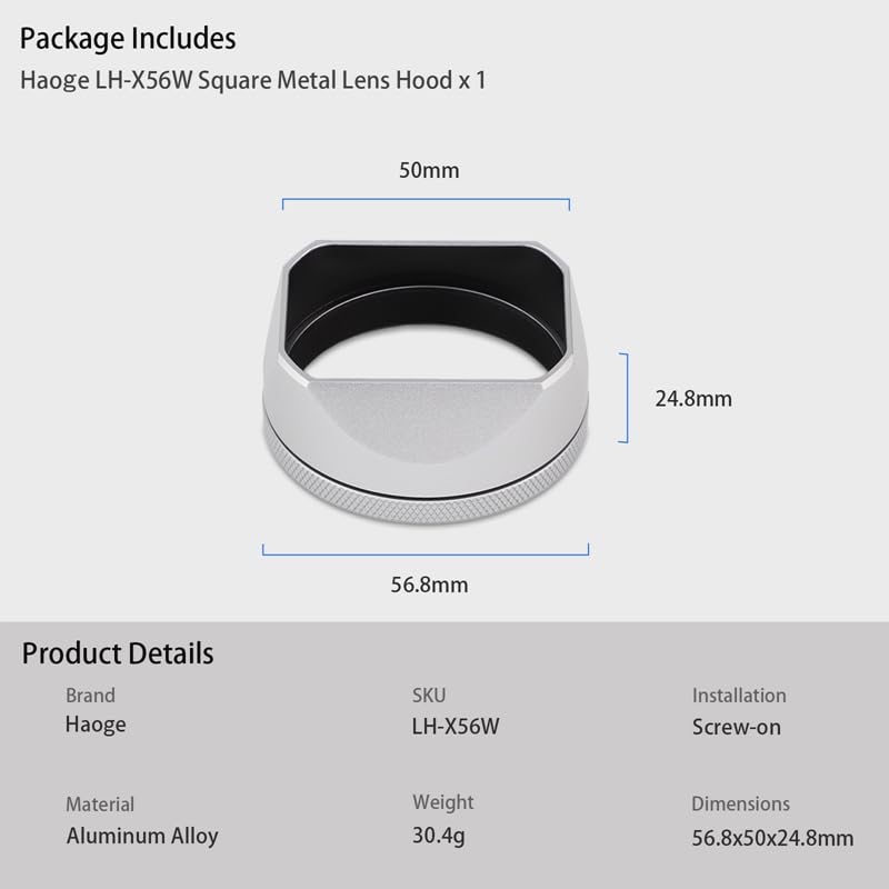 Haoge LH-X54W Square Metal Lens Hood with 49mm Adapter Ring for Fuji X100VI, Silver