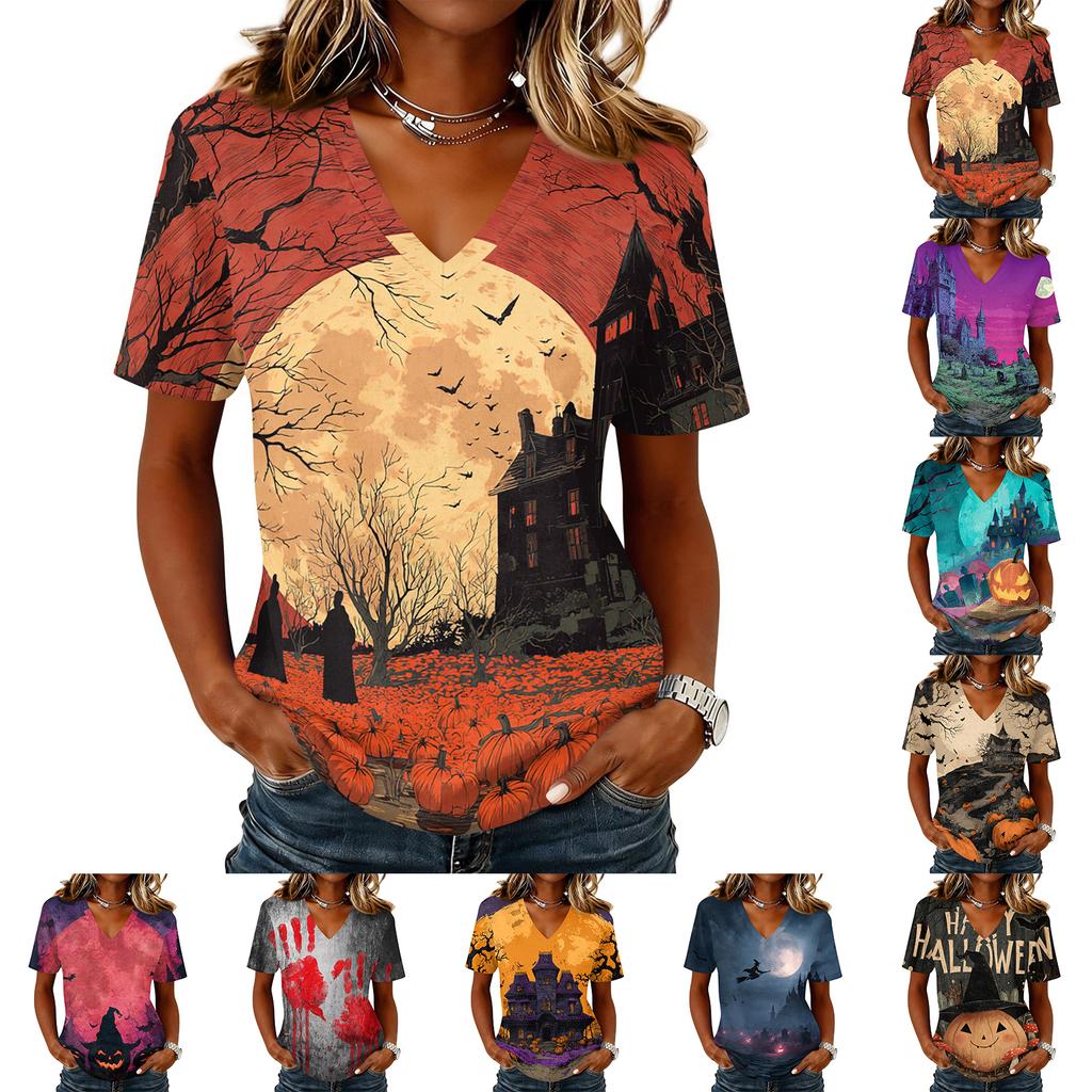 Women's Casual Short Sleeve V Neck Pullover Top Halloween Themed Graphic Print Lightweight Comfortable Fit