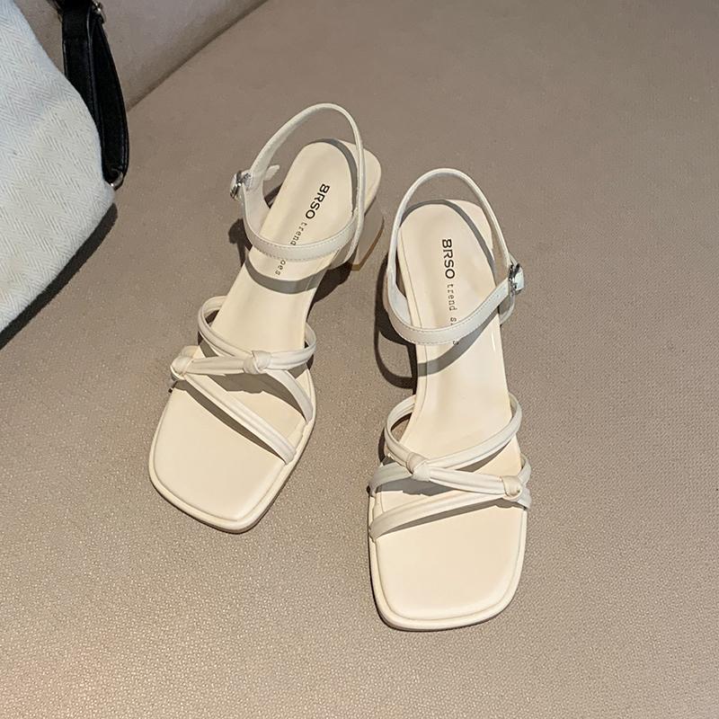 Women Heeled Sandals Square Toe Chunky Shoes Woman Slingback 2025 Trend Dress Shallow Loafers Summer Elegant Sandalias De Mujer