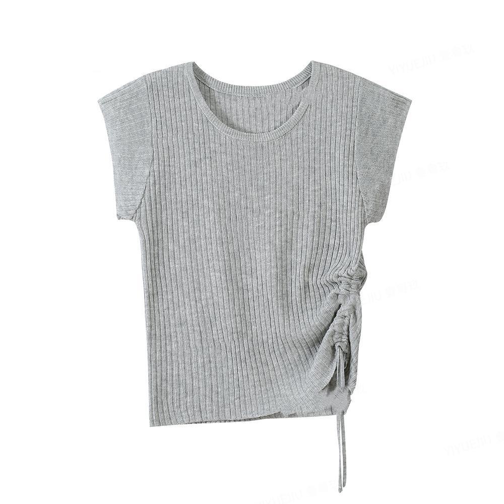 2026 Korean Style Women's Slim Fit Ice Silk Drawstring Knit Top - Short Sleeve Fashion Tee